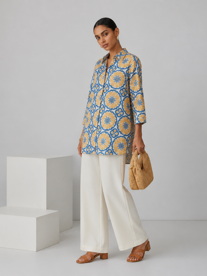 OFF-WHITE AND BLUE COTTON A-LINE SHIRT