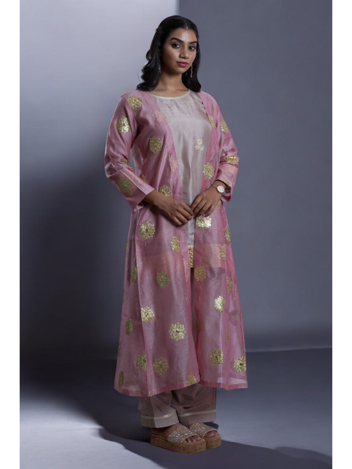 Radiant Golden Embroidery Set With Shrug, chanderi silk co ord set, fawn dark vanila co ord set, party wear co ord, three piece set
