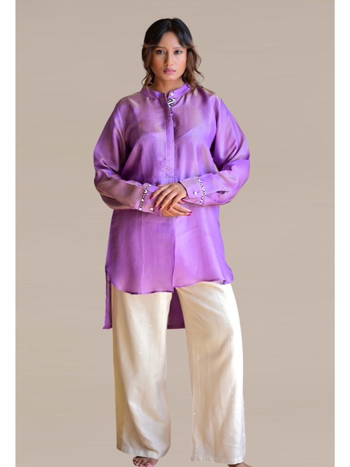 Lavender Gold tissue Silk Shirt Kurta, tissue silk shirt, purple shirts, stylish shirts
