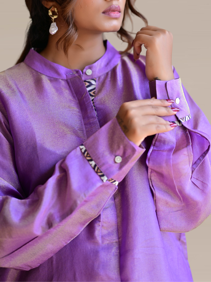 Lavender Gold tissue Silk Shirt Kurta, tissue silk shirt, purple shirts, stylish shirts