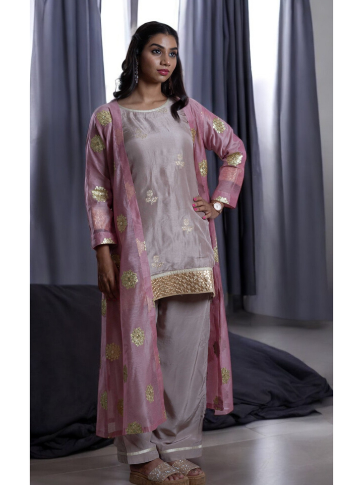 Radiant Golden Embroidery Set With Shrug, chanderi silk co ord set, fawn dark vanila co ord set, party wear co ord, three piece set, Pongal sale, Lohri sale
