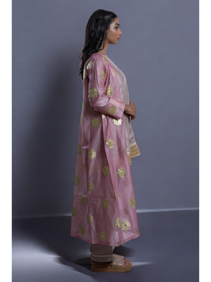Radiant Golden Embroidery Set With Shrug, chanderi silk co ord set, fawn dark vanila co ord set, party wear co ord, three piece set, Pongal sale, Lohri sale
