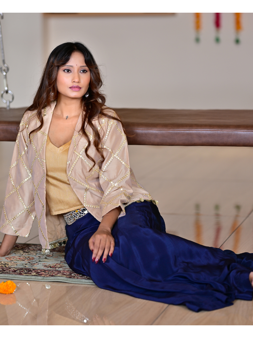 Beige Blue Midnight Ensemble, Skirt Set, partywear set, embordered set, silk set