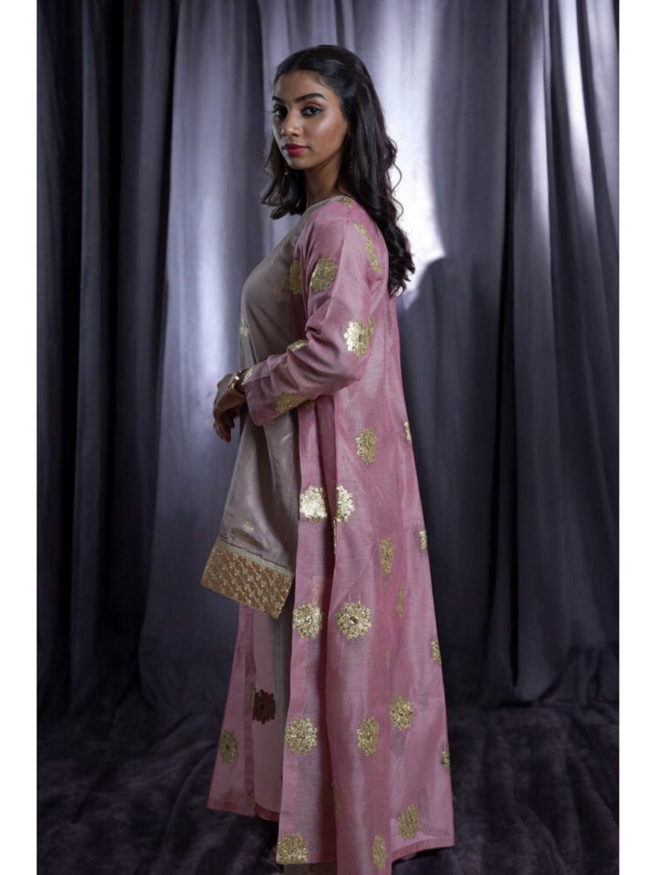 Radiant Golden Embroidery Set With Shrug, chanderi silk co ord set, fawn dark vanila co ord set, party wear co ord, three piece set, Pongal sale, Lohri sale

