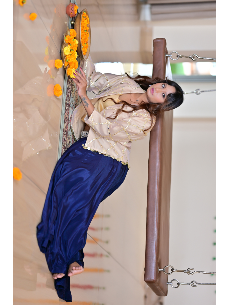 Beige Blue Midnight Ensemble, Skirt Set, partywear set, embordered set, silk set