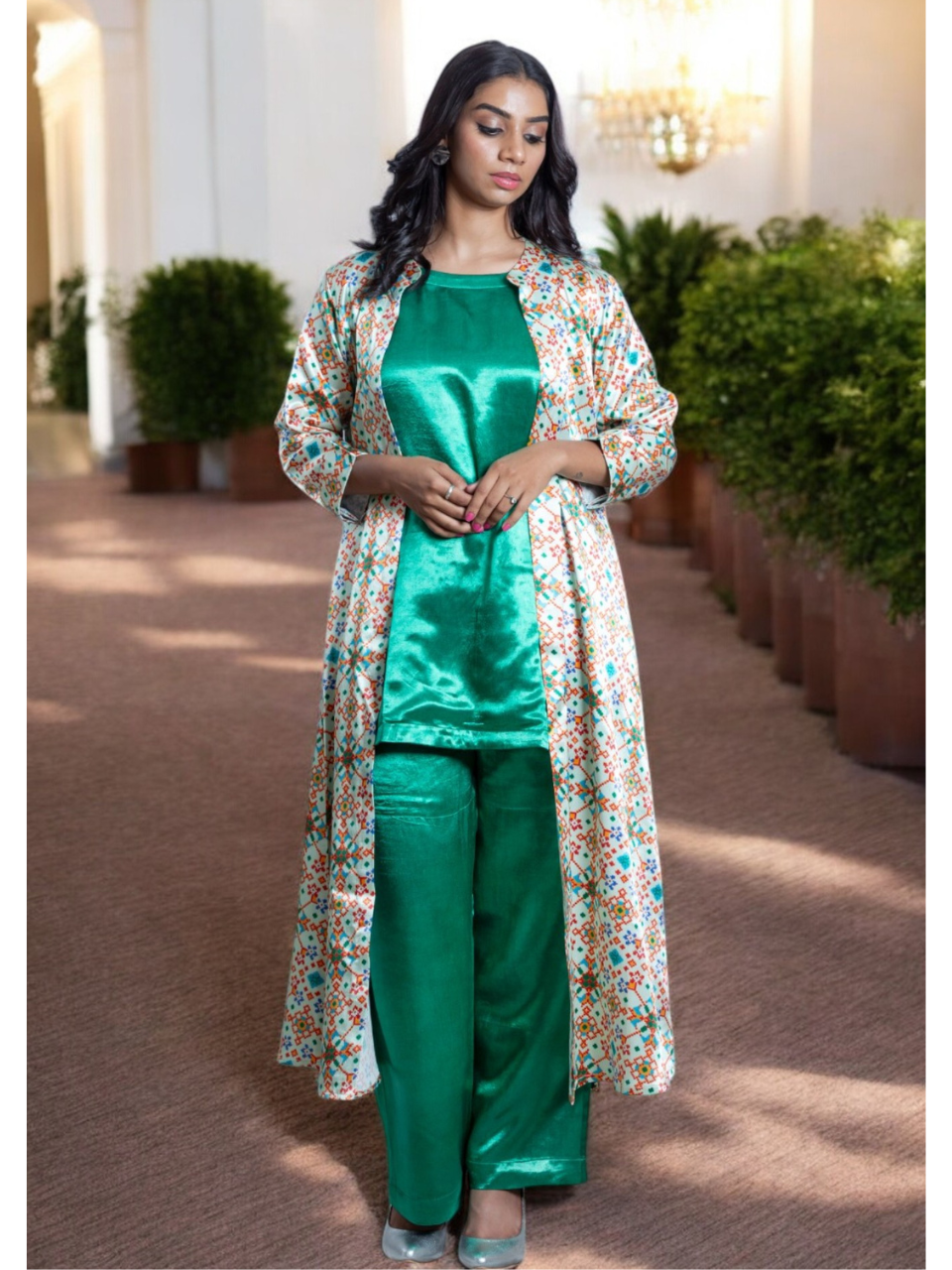 Lush Emerald Silk Set With Shrug, Silk co ord set, green co ord set, party wear co ord, printed silk jacket, Pongal sale, Lohri sale