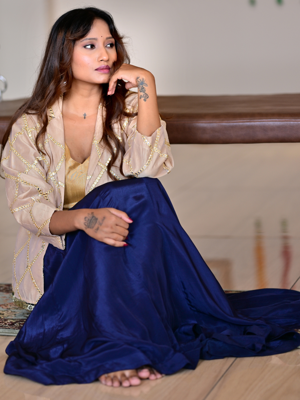 Beige Blue Midnight Ensemble, Skirt Set, partywear set, embordered set, silk set