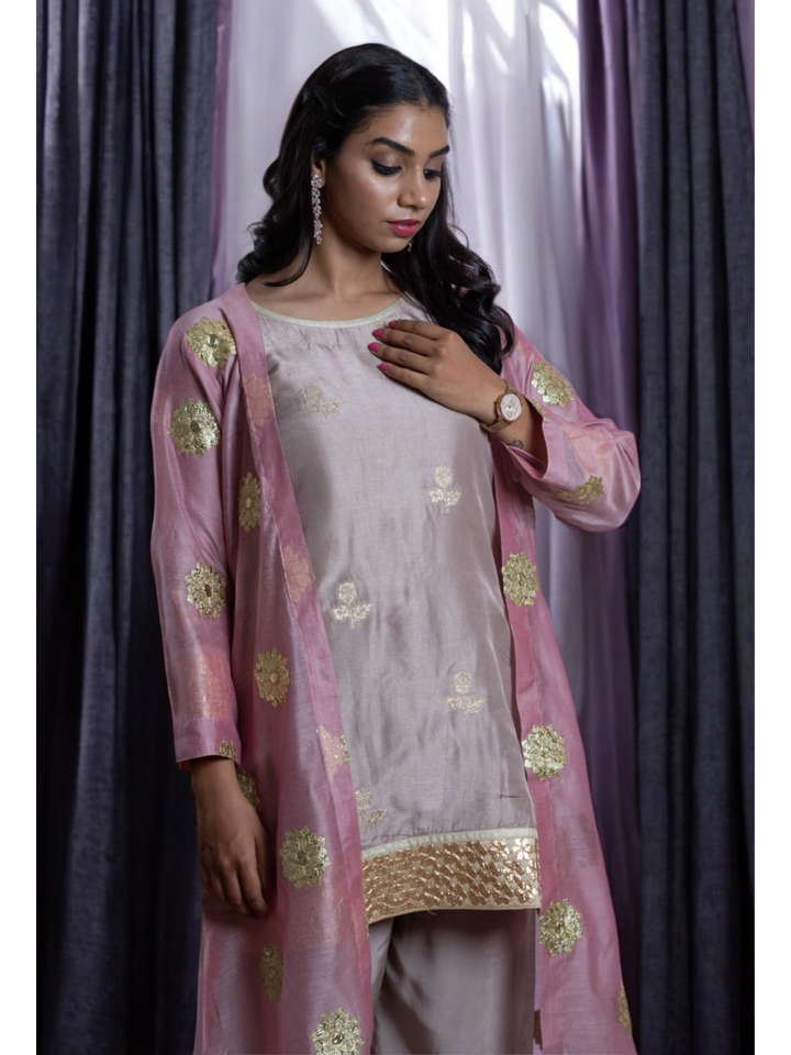 Radiant Golden Embroidery Set With Shrug, chanderi silk co ord set, fawn dark vanila co ord set, party wear co ord, three piece set
