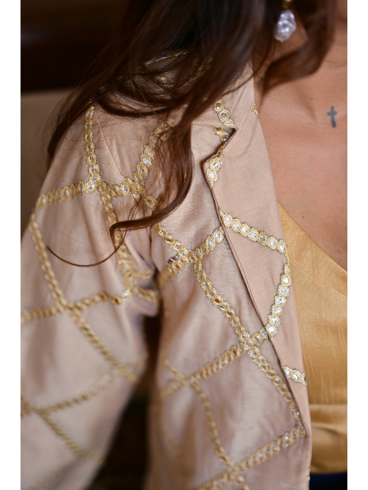 Beige Blue Midnight Ensemble, Skirt Set, partywear set, embordered set, silk set