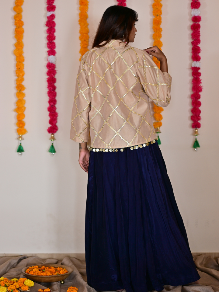 Beige Blue Midnight Ensemble, Skirt Set, partywear set, embordered set, silk set