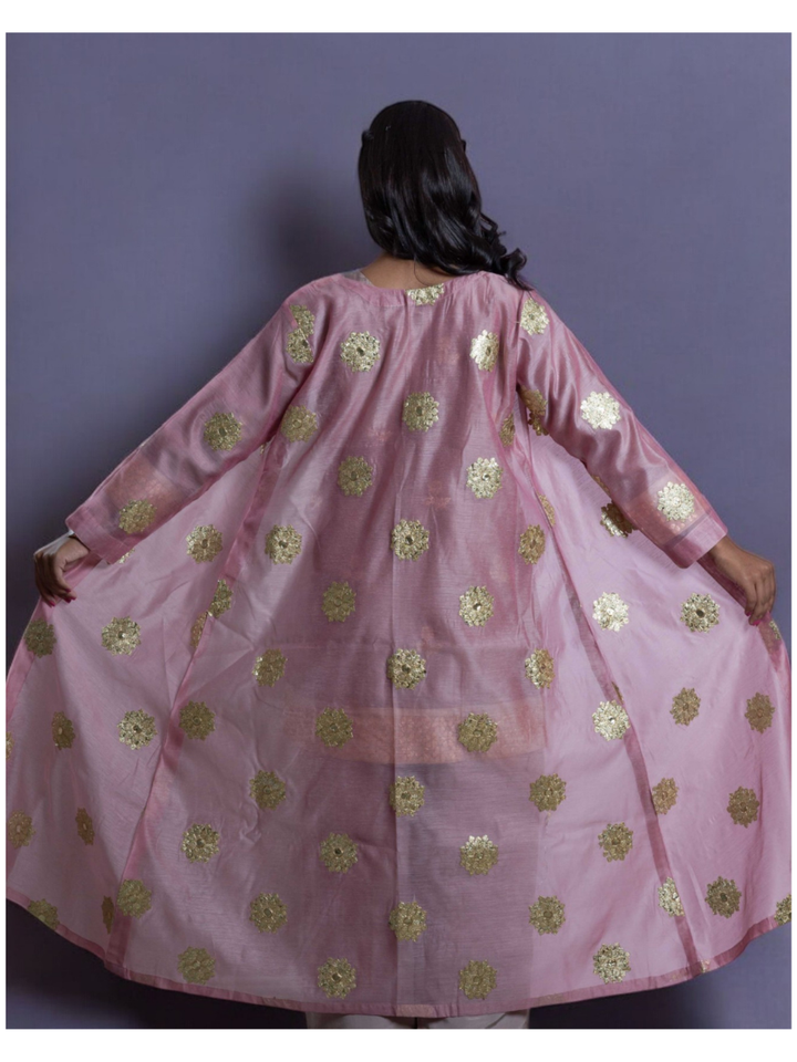 Radiant Golden Embroidery Set With Shrug, chanderi silk co ord set, fawn dark vanila co ord set, party wear co ord, three piece set, Pongal sale, Lohri sale

