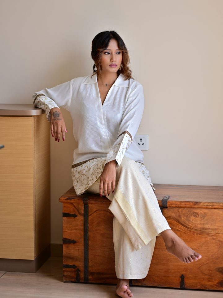 White Sequin Embroidered Shirt, silk shirt, white shirts, partywear shirts, embroidered shirt
