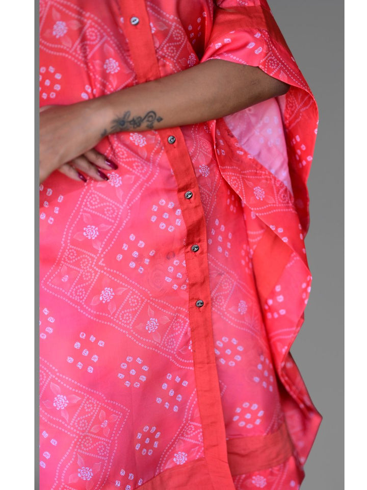 Red Bandhani Blossom Kaftan, organza silk kaftan, red kaftan, printed kaftans, modern ethnic, indo western kaftans