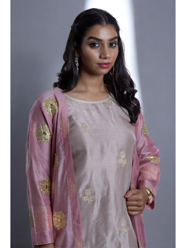 Radiant Golden Embroidery Set With Shrug, chanderi silk co ord set, fawn dark vanila co ord set, party wear co ord, three piece set, Pongal sale, Lohri sale
