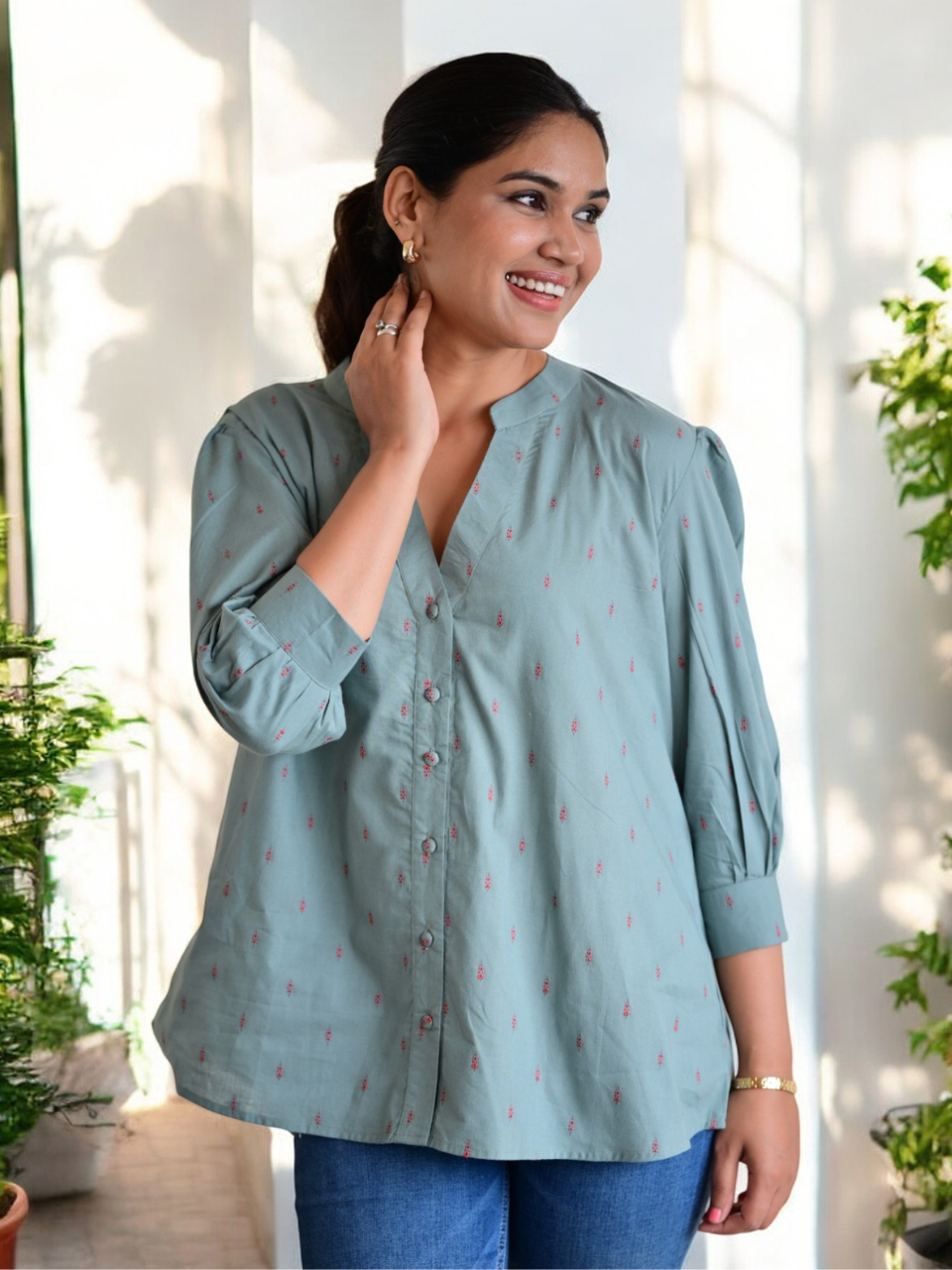 Green Elegance A Butta Shirt, green shirts, cotton butta shirts, shirts for women
