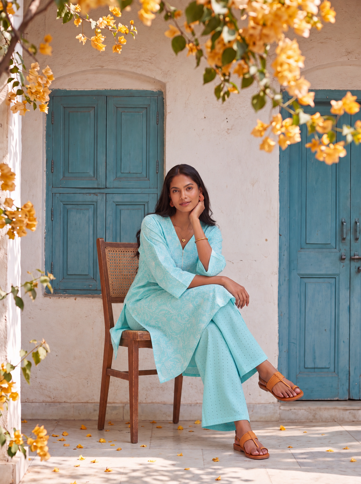 Discover the aqua blue embroidered kurta set by Lush Layers, featuring white paisley details, a V-neck and matching trousers for festive occasions.