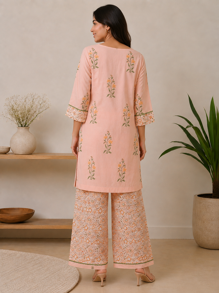 Peach Cotton Floral Printed Kurta Set