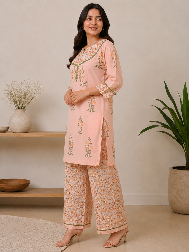Peach Cotton Floral Printed Kurta Set
