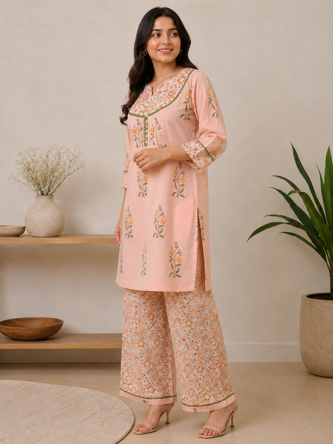 Peach Cotton Floral Printed Kurta Set