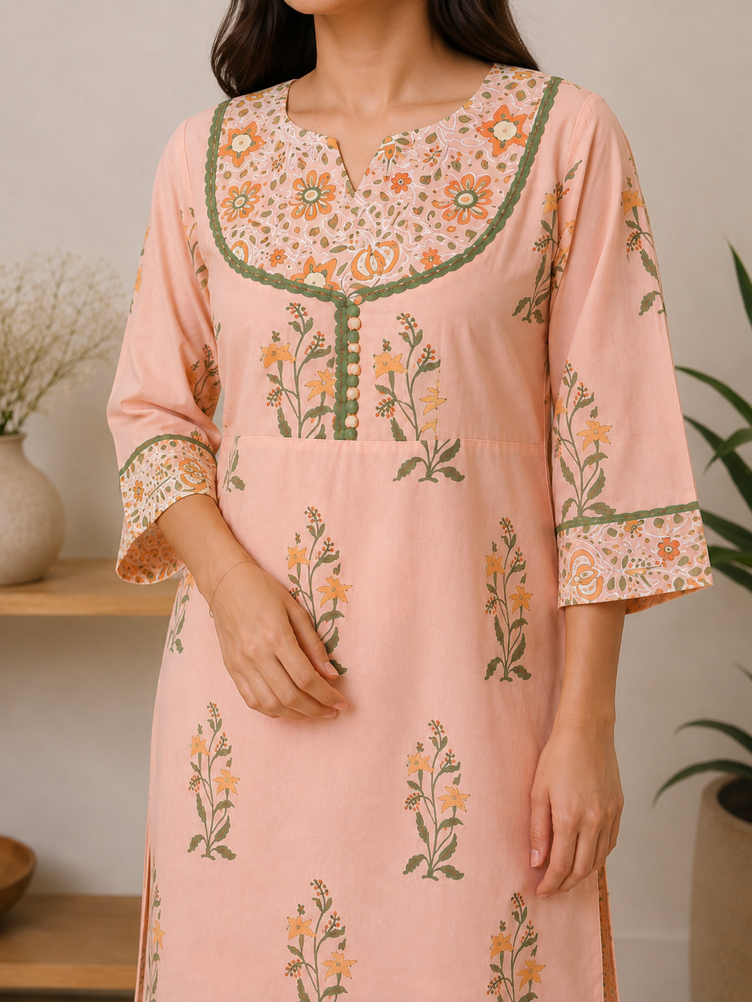 Peach Cotton Floral Printed Kurta Set