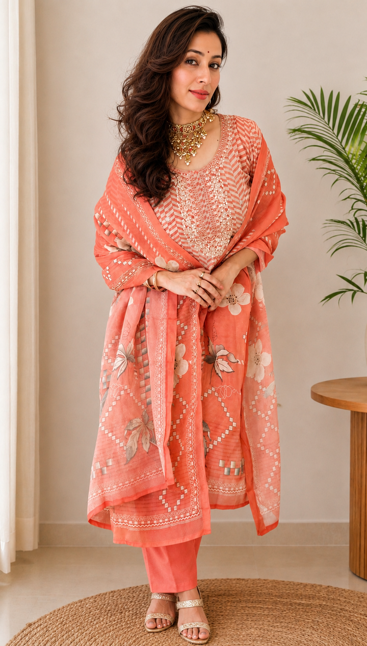 Shop the Coral Orange Organza Shimmer Set featuring a geometric chevron pattern and elegant zari detailing. A lightweight Indo-Western style for festive and special occasions.