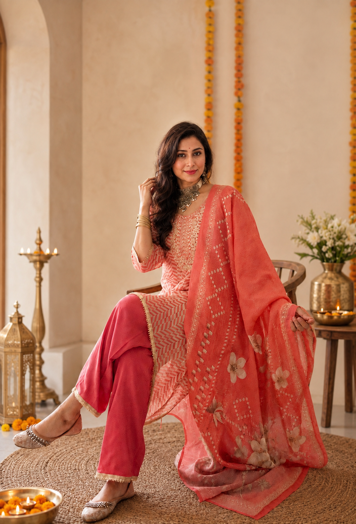 Shop the Coral Orange Organza Shimmer Set featuring a geometric chevron pattern and elegant zari detailing. A lightweight Indo-Western style for festive and special occasions.