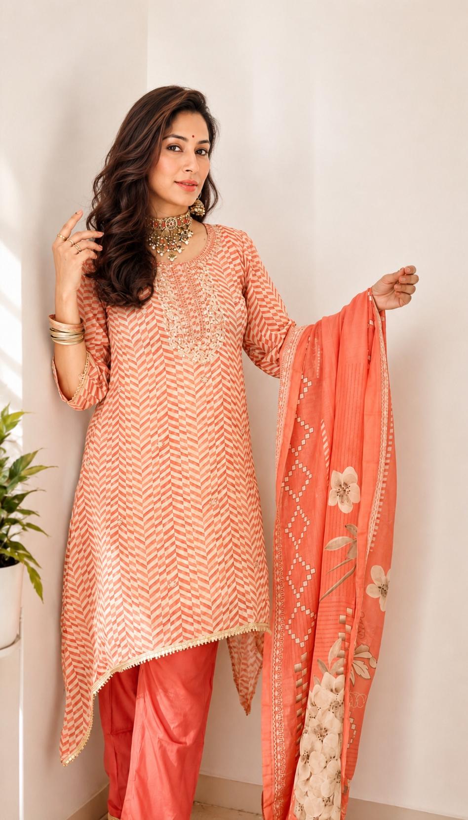 Shop the Coral Orange Organza Shimmer Set featuring a geometric chevron pattern and elegant zari detailing. A lightweight Indo-Western style for festive and special occasions.