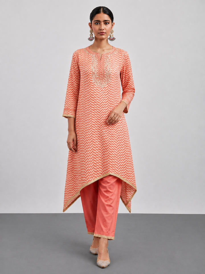 Coral Orange Organza Shimmer Chevron Zari Set