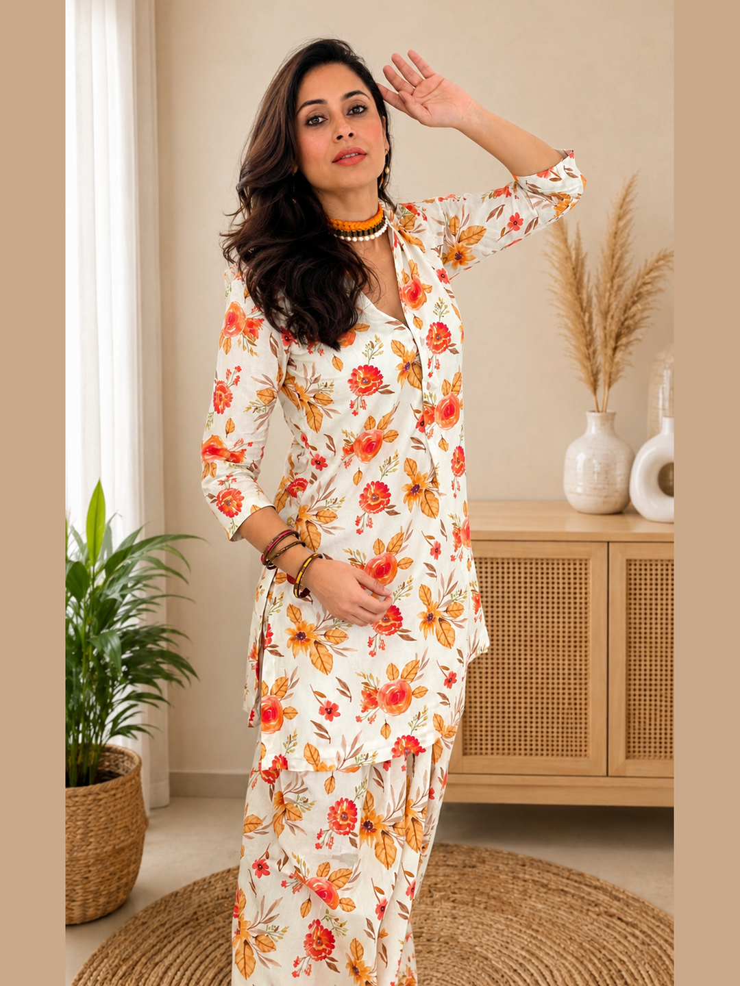 “Ivory Coral Bloom Cotton Floral Co-ord Set for Women – styled”