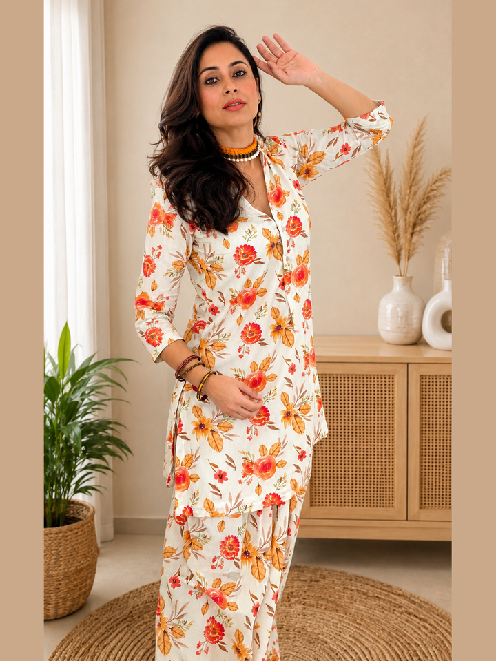 “Ivory Coral Bloom Cotton Floral Co-ord Set for Women – styled”