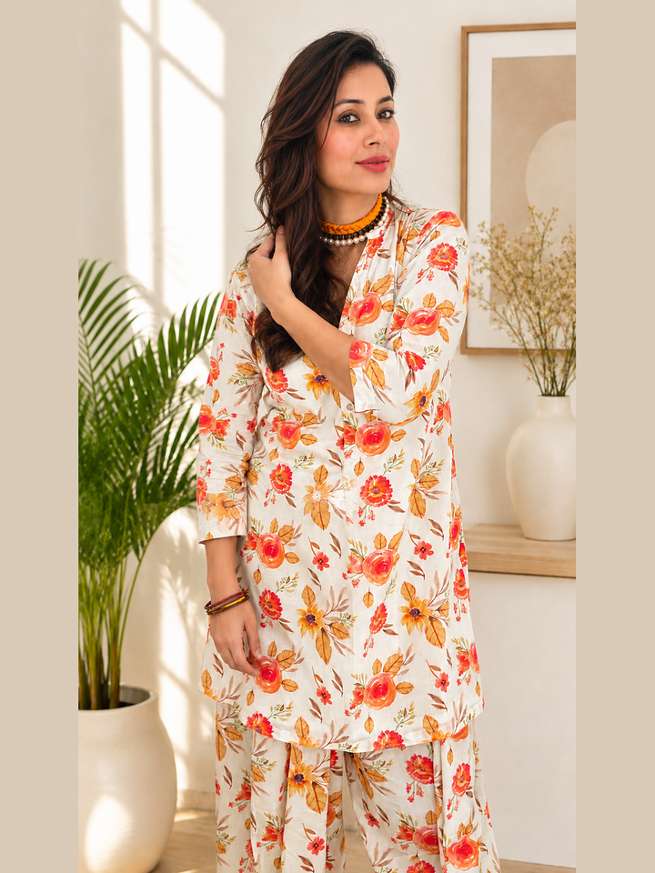 “Ivory Coral Bloom Cotton Floral Co-ord Set for Women – styled by influencer”