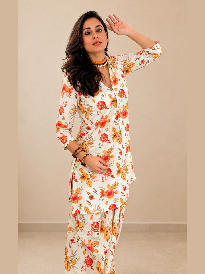 “Ivory Coral Bloom Cotton Floral Co-ord Set for Women – styled”