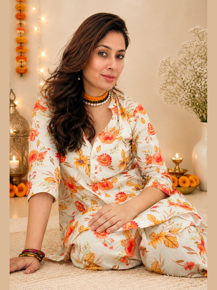 “Ivory Coral Bloom Cotton Floral Co-ord Set for Women – Festive style”