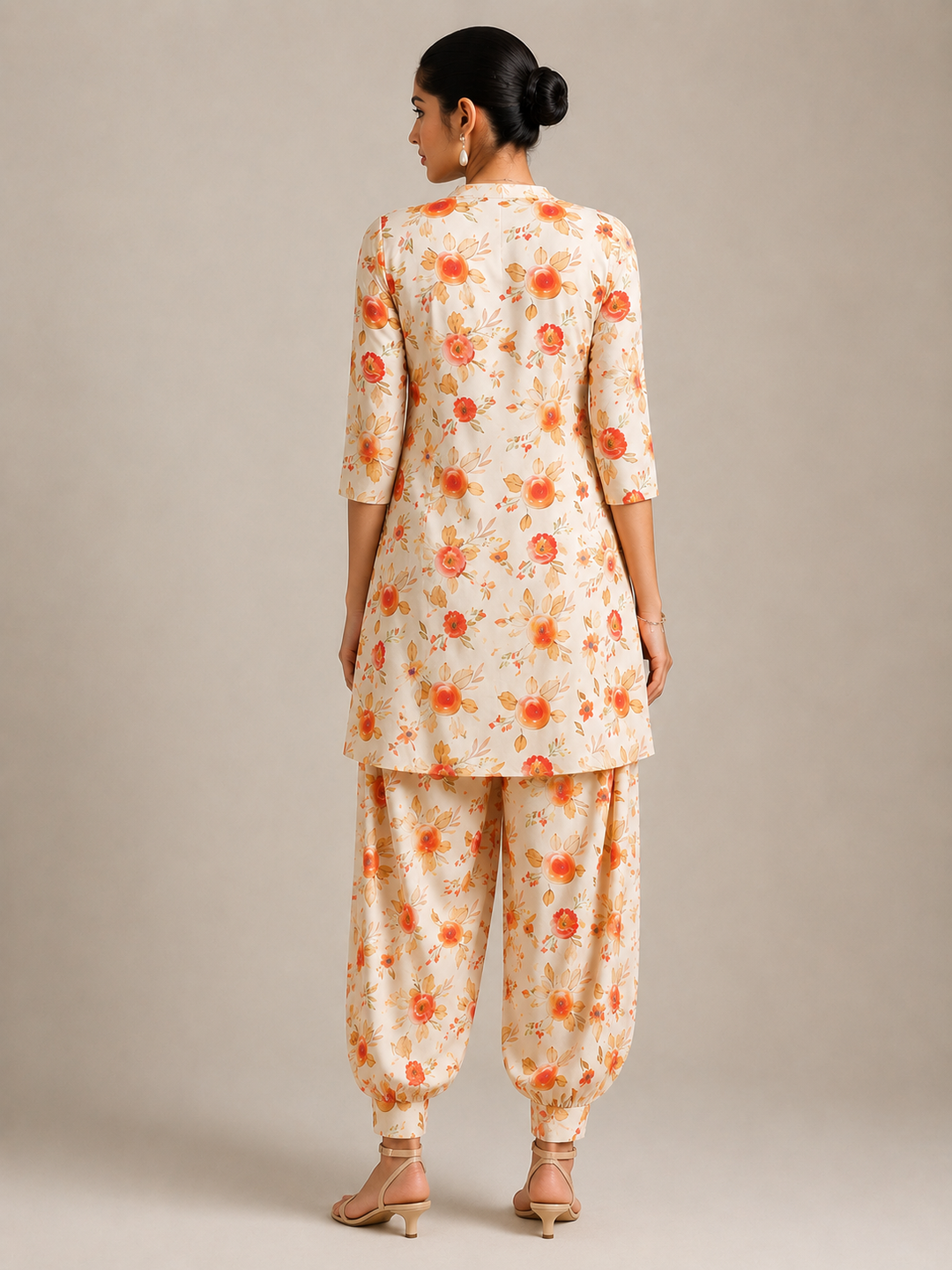 “Ivory Coral Bloom Cotton Floral Co-ord Set for Women – Back View”
