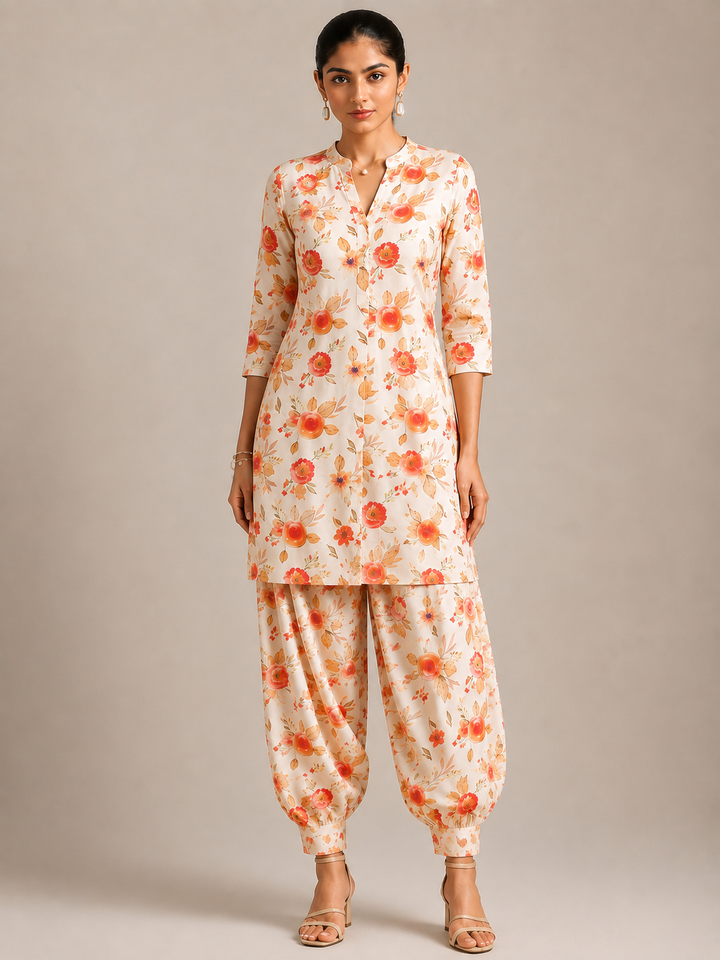 “Ivory Coral Bloom Cotton Floral Co-ord Set for Women – Front View”