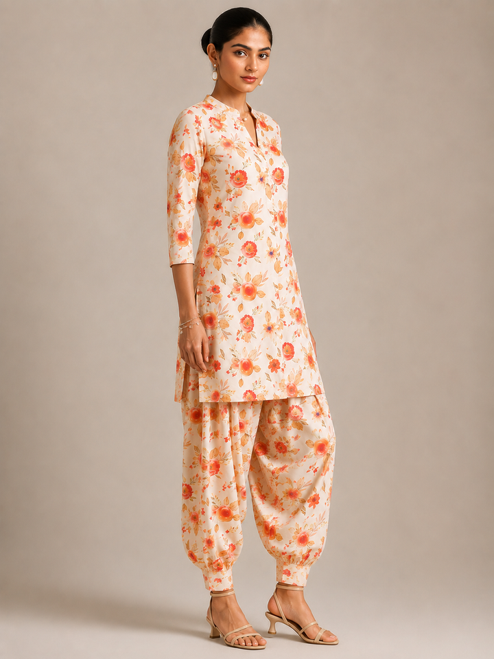 “Ivory Coral Bloom Cotton Floral Co-ord Set for Women – left side View”