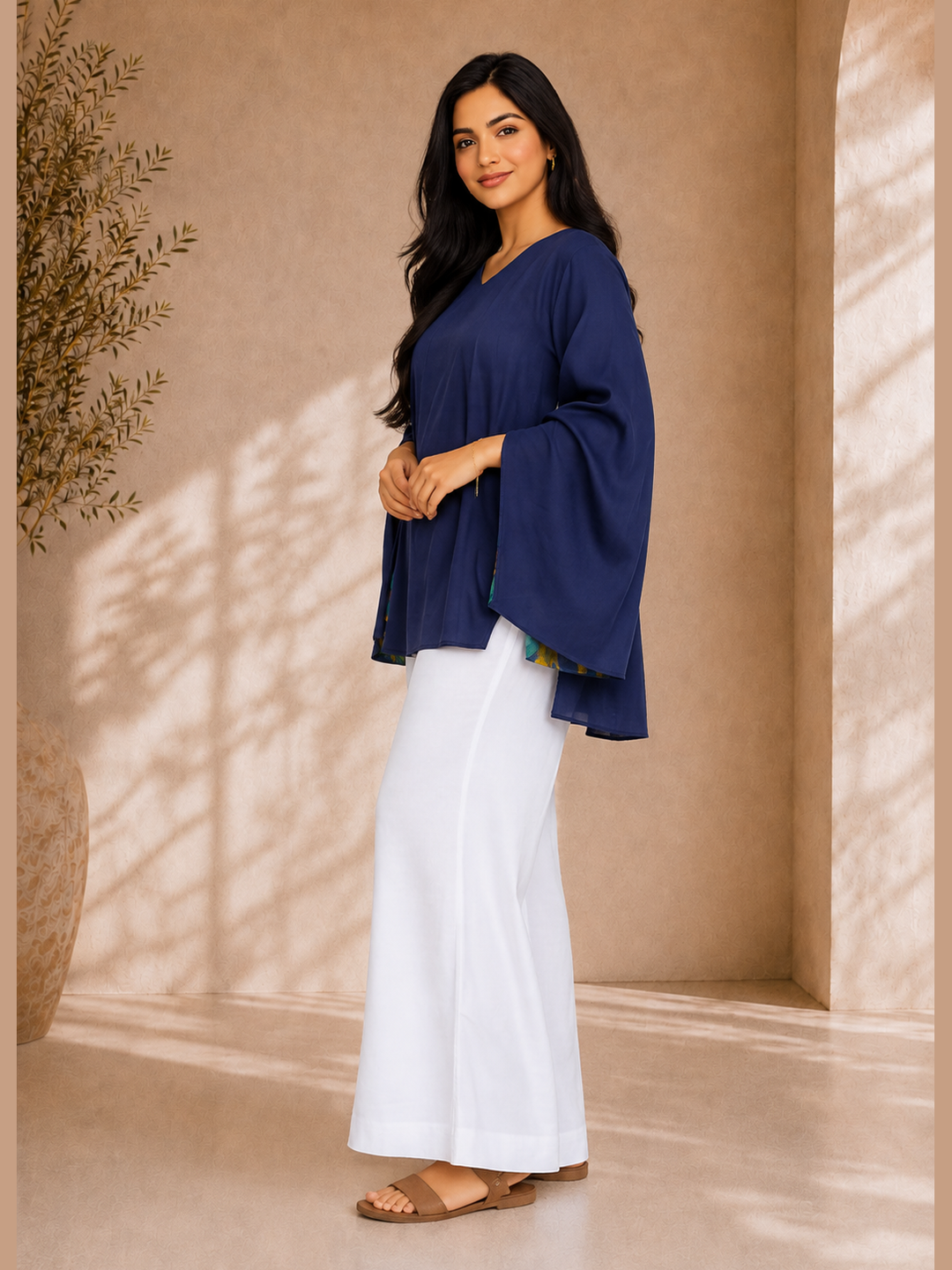 Navy Blue Flared Sleeve Top