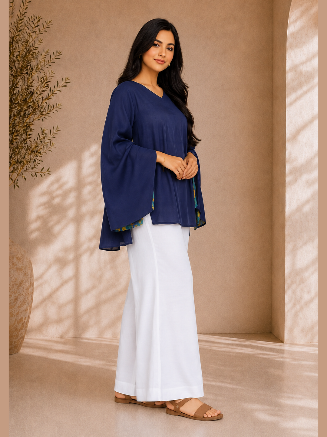 Navy Blue Flared Sleeve Top