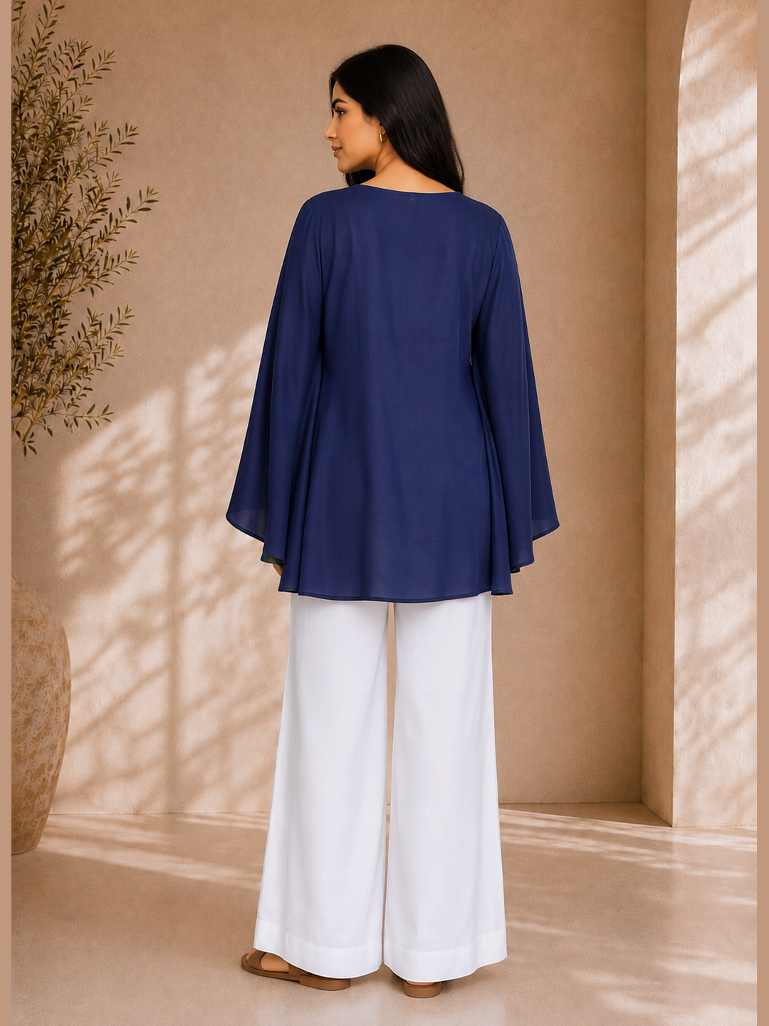 Navy Blue Flared Sleeve Top