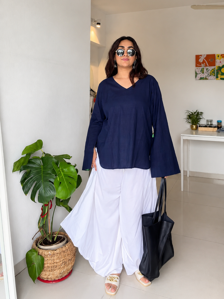 Navy Blue Flared Sleeve Top
