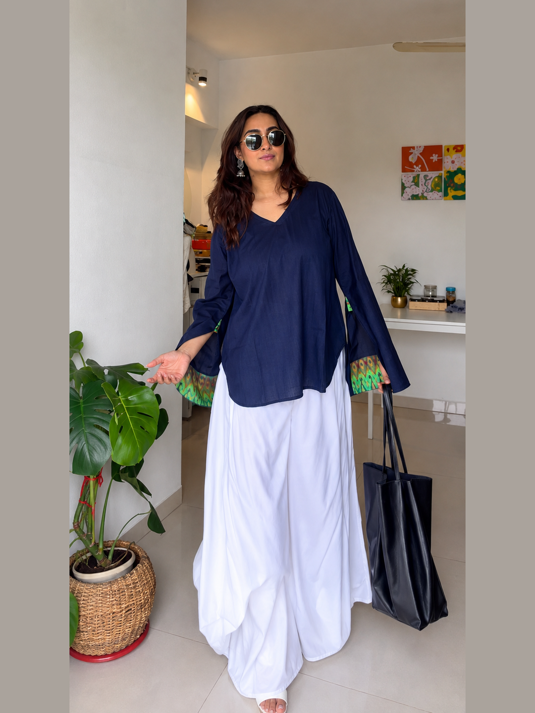 Navy Blue Flared Sleeve Top