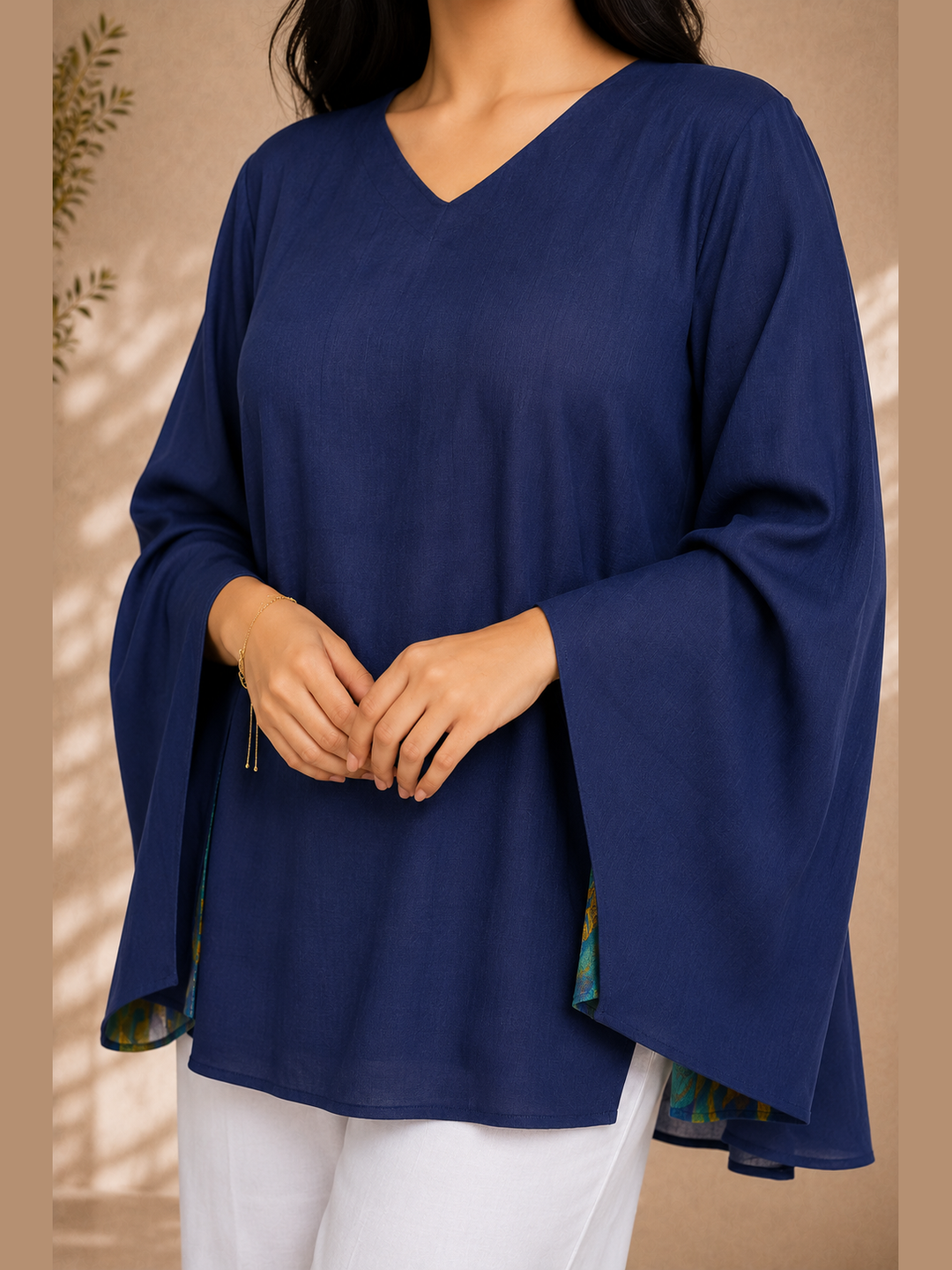 Navy Blue Flared Sleeve Top