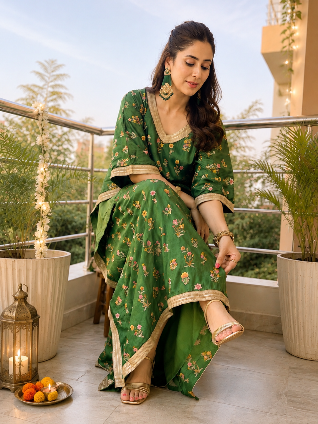 Leaf Green Tussar Silk Kaftan, Tussar Silk Kaftan for Women, Floral Buta Kaftan, Green Festive Kaftan, Embroidered Silk Kaftan, Festive Wear for Women, Indian Designer Kaftan