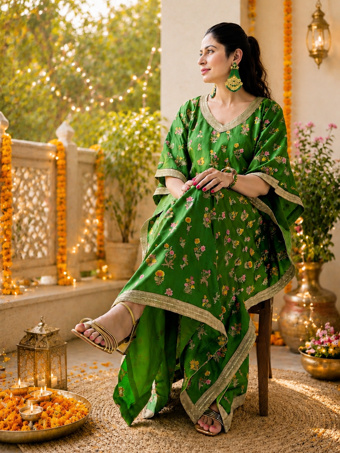 Leaf Green Tussar Silk Kaftan, Tussar Silk Kaftan for Women, Floral Buta Kaftan, Green Festive Kaftan, Embroidered Silk Kaftan, Festive Wear for Women, Indian Designer Kaftan