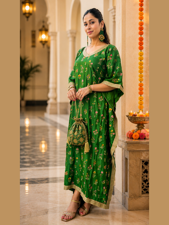Leaf Green Tussar Silk Kaftan, Tussar Silk Kaftan for Women, Floral Buta Kaftan, Green Festive Kaftan, Embroidered Silk Kaftan, Festive Wear for Women, Indian Designer Kaftan