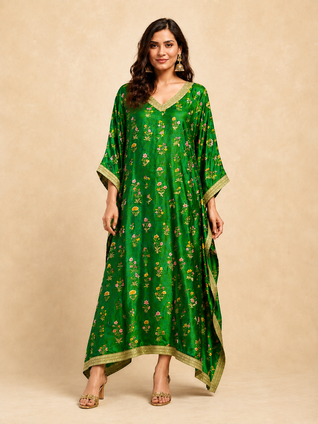 Leaf Green Tussar Silk Kaftan, Tussar Silk Kaftan for Women, Floral Buta Kaftan, Green Festive Kaftan, Embroidered Silk Kaftan, Festive Wear for Women, Indian Designer Kaftan