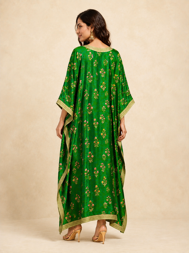Leaf Green Tussar Silk Kaftan, Tussar Silk Kaftan for Women, Floral Buta Kaftan, Green Festive Kaftan, Embroidered Silk Kaftan, Festive Wear for Women, Indian Designer Kaftan