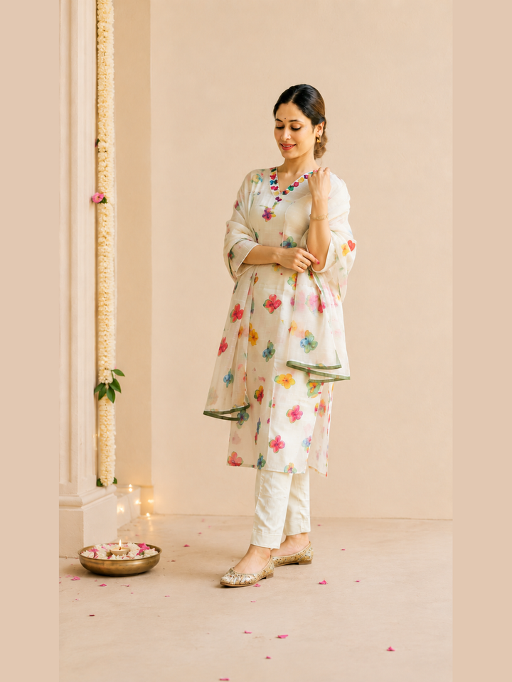 Beige Floral Handwork Linen Festive Set