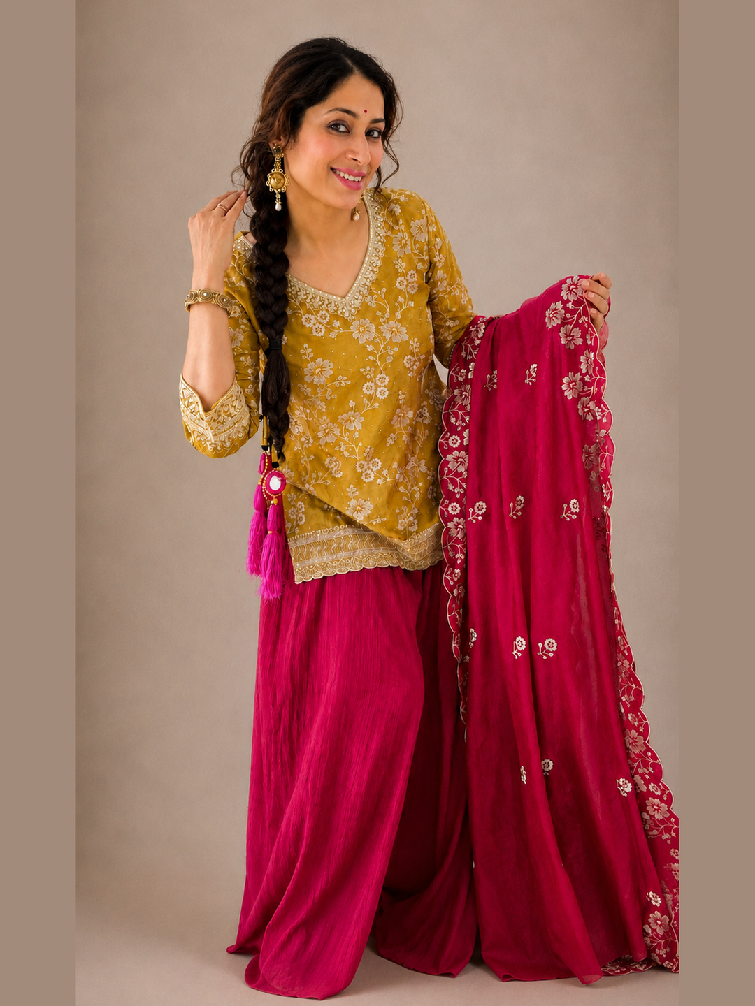 Mustard Floral Embroidered Silk Kurta Set