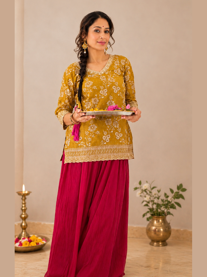 Mustard Floral Embroidered Silk Kurta Set
